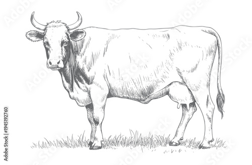 Farm cow sketch drawing. Hand drawn farm animal in vintage black and white ink line art style.