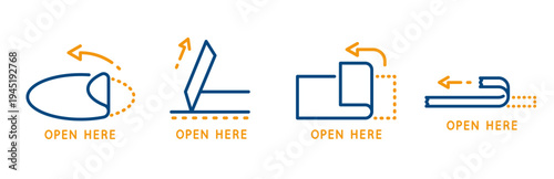 open here icons, set icon of peel off sticker, sticker open, peel off duct tape, outline vector with editable stroke