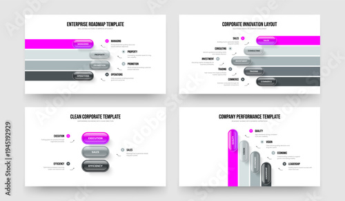 Business Report Four Five Three Element Infographic Presentation Design Vector Illustration Collection. Market Proposal 4 5 3 Step Diagram Slideshow Template Set.