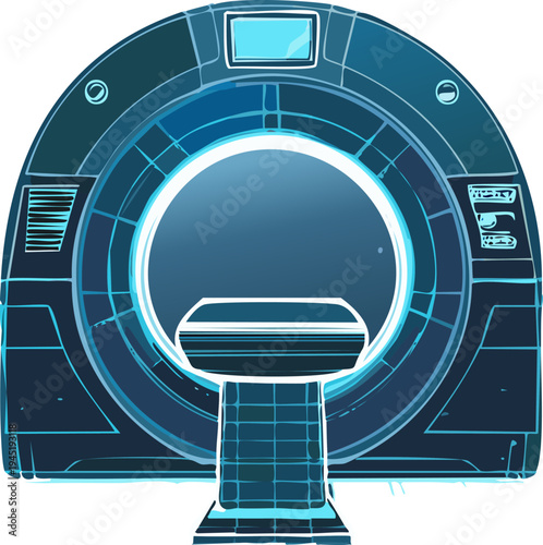 A stylized, futuristic medical imaging scanner, possibly an MRI or CT machine, depicted with glowing blue lines and a central opening, featuring a patient platform.