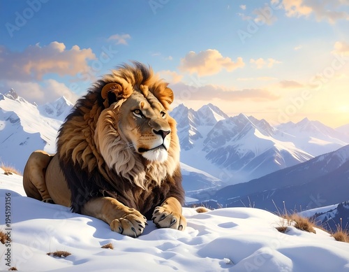 A lion lies on a snowy mountain peak at sunset