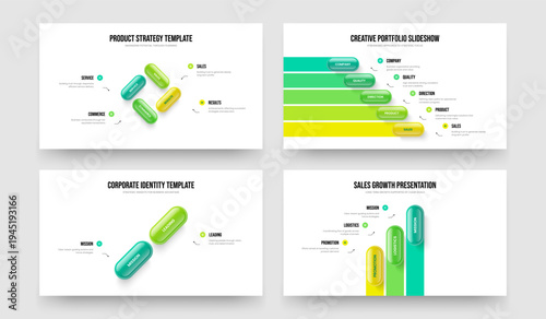 Advertising Innovation 4 5 2 3 Element Diagram Slideshow Design Collection. Business Launch Four Five Two Three Step Infographic Slide Layout Vector Illustration Set.