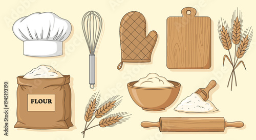 Comprehensive set of baking tools and ingredients including a white chef hat, flour sacks, a whisk, and a large wooden rolling pin.