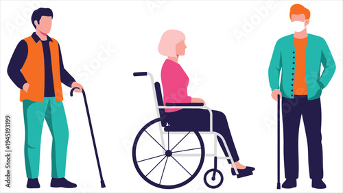 Diverse Individuals with Mobility Aids and Protective Gear.