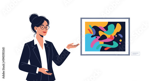 Elegant professional woman in a dark business suit standing in a gallery and presenting a colorful abstract modern art painting.
