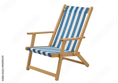 Wooden beach chair with blue and white stripes isolated on transparent background