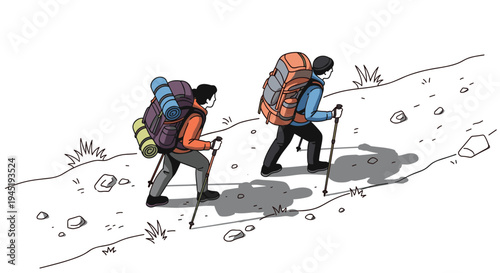 Two hikers with large backpacks and walking poles climbing a rocky mountain path in a simple hand drawn illustration style on white.