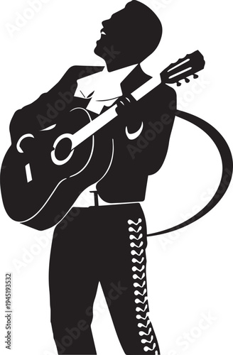 Mariachi guitarist silhouette in traditional costume vector illustration art