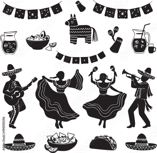 Mexican fiesta silhouette illustration with dancers, musicians and food vector graphics