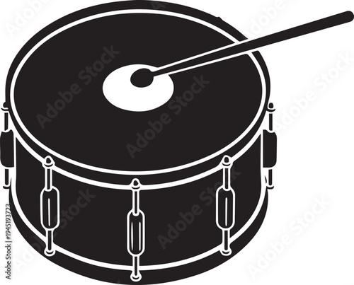 Snare drum and drumstick vector silhouette illustration, line art musical instrument design