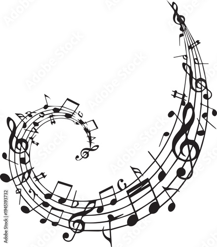 Swirling musical notes vector silhouette illustration with clef signs and line art melodies