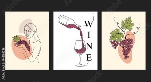 Artistic poster set featuring a woman with grapes, a wine bottle pouring into a glass, and a bunch of grapes with abstract shapes.
