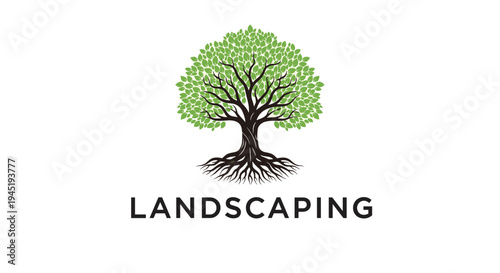 Professional landscaping logo design featuring a lush green tree with a strong trunk and complex root system above the company name text.