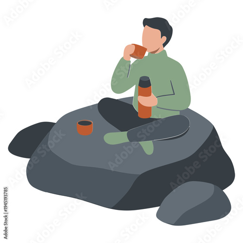 Man sitting on a rock drinking from a mug with a thermos