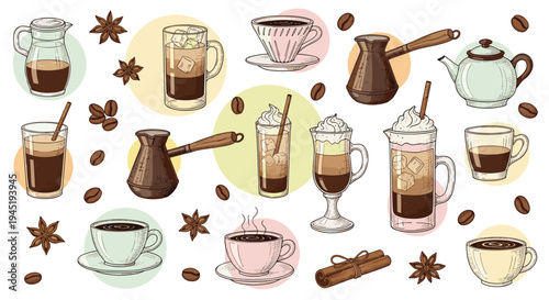 Comprehensive collection of hand drawn coffee related items including various mugs, cups, pots, coffee beans, and spices on white background.