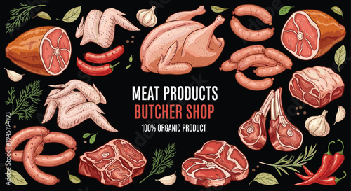 Butcher shop advertisement featuring various hand drawn meat products like chicken, steak, sausages, and spices on a dark background.