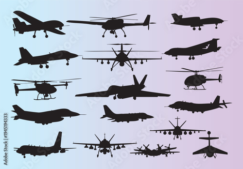 Collection of various military aircraft and helicopter silhouettes in different styles and designs