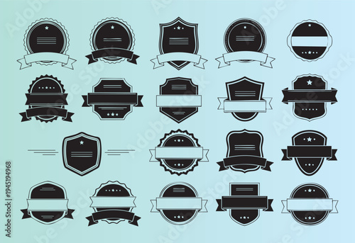 Collection of decorative vintage badges and labels with banners in various shapes and styles