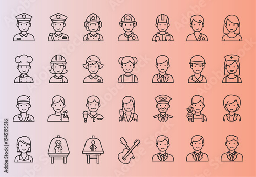 Diverse collection of line art icons depicting various professions and activities in minimalist style