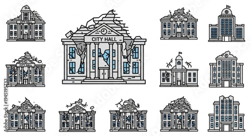 Collection of Damaged City Hall Buildings in Line Art Style.