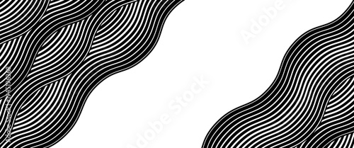 A striking black and white vector background featuring a seamless pattern of flowing wavy lines. This optical art inspired design offers a bold, hypnotic aesthetic for modern creative projects.