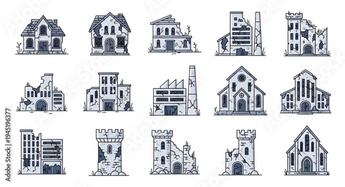 Collection of Distressed Buildings in Pixel Art Style.