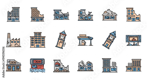 Collection of Damaged Buildings and Structures Illustrations.