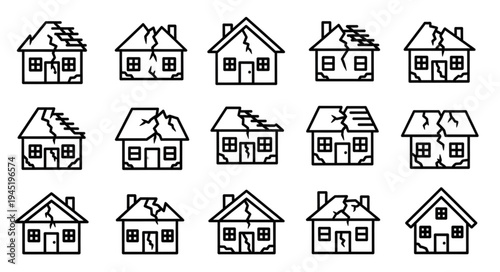 Collection of Damaged House Icons Representing Natural Disasters.