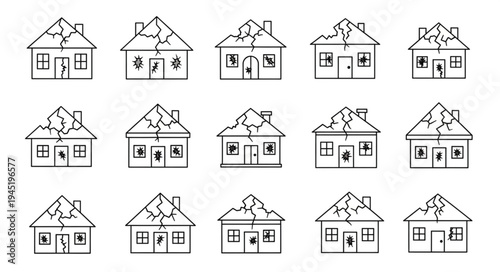 Collection of Damaged Houses in Various Stages of Disrepair.