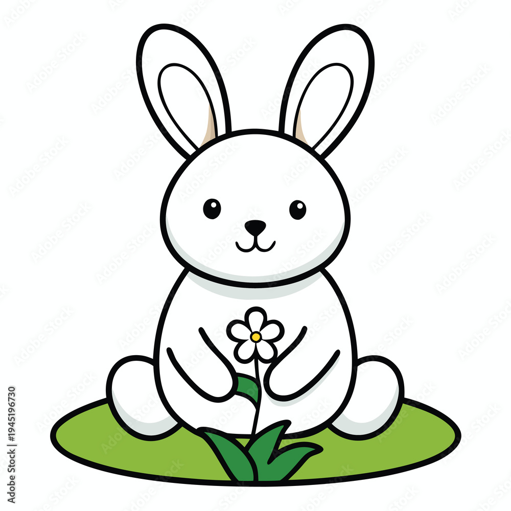 Obraz premium Peaceful White Bunny on Grass with Flower Vector Icon – Easter Calm