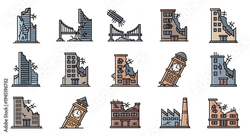 Earthquake Damage - Buildings and Bridges in Ruins.