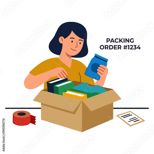 Woman packing books into a cardboard box for shipping with tape