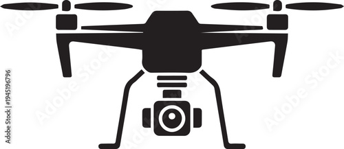 Black and white drone with camera flying in front view quadcopter