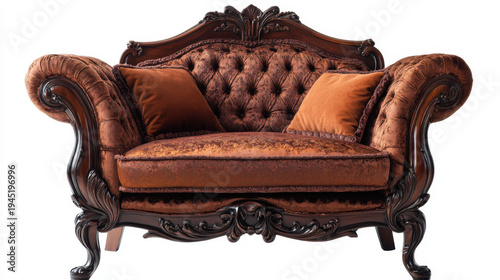 A luxurious brown velvet sofa with ornate carvings and tufted backrest against a white background