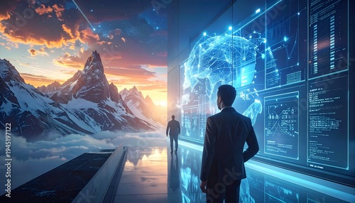 Two figures contemplate a mountainous vista & futuristic screens, juxtaposing nature & technology