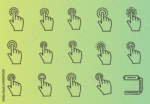 Collection of hand gesture icons showing finger taps and swipes for touchscreen interaction guide