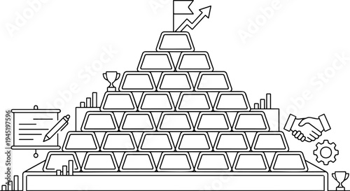 Line art vector of gold bar pyramid with business growth and financial success icons