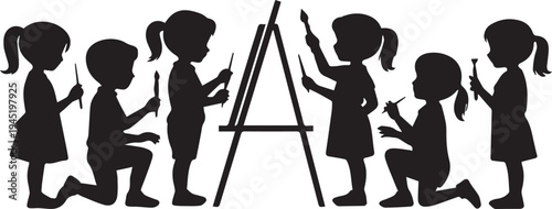 Group of children and painting on an easel in silhouette style black des