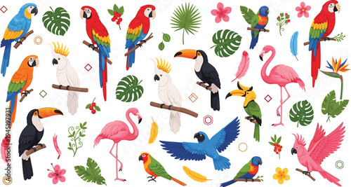 Exotic Tropical Birds Decorative Elements Collection with Parrots Toucans Flamingos Leaves Flowers and Colorful Jungle Wildlife Vector Set