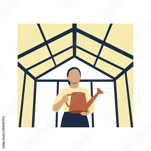 A person watering plants in a greenhouse with a watering can.