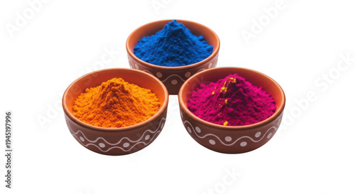 Three clay bowls with colorful holi powder isolated on transparent background
