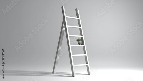 A minimalist image of a white ladder with a small plant on a rung against a grey backdrop