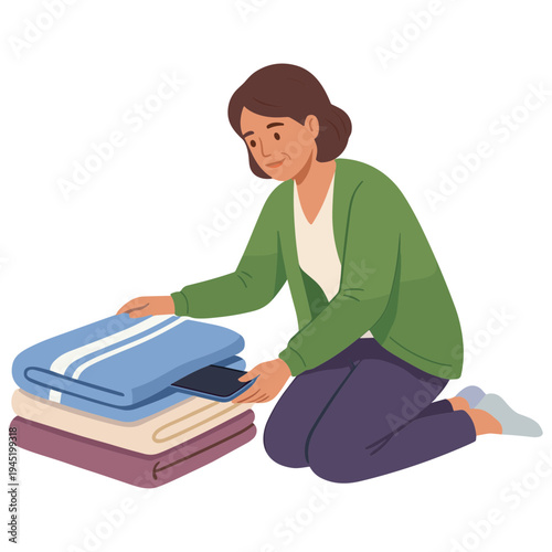 Woman folding stack of colorful towels on floor indoors