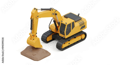 3D Isometric Yellow Excavator Digging Soil - Minimalist Construction Machinery Illustration