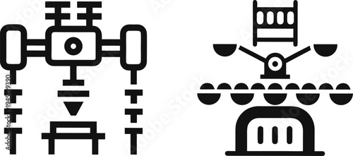 Industrial 3D printer and automated manufacturing machine vector silhouette icons.