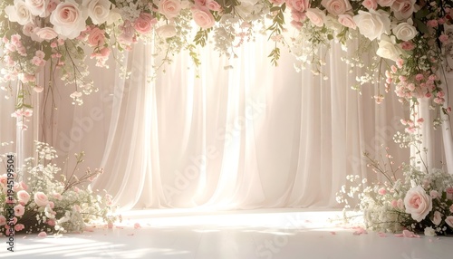 Elegant wedding scene with floral arch, flowing drapery, and soft natural light