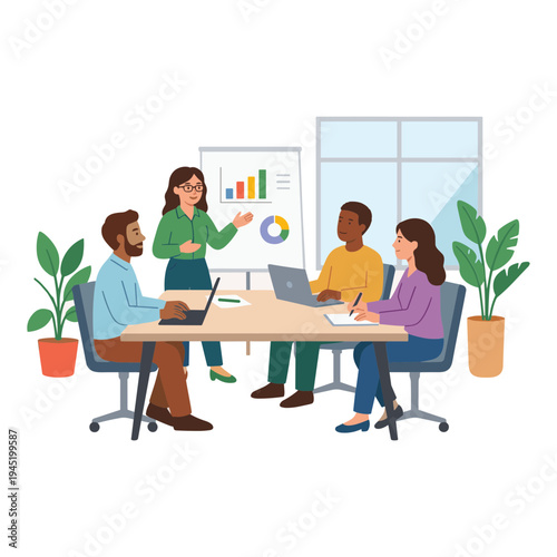 A woman presents a colorful chart to a diverse group of people sitting around a table with laptops in an office.