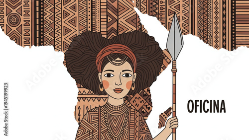 Illustration of a woman with afro and spear in traditional African clothing and patterns isolated on white background.