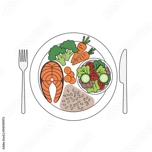 Vibrant illustration of a balanced and healthy meal, featuring baked salmon, crisp vegetables, fresh garden salad, and lentils, promoting nutritious eating