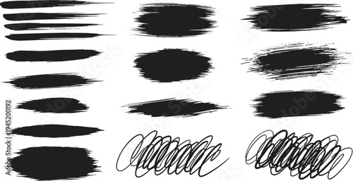 A collection of 15 varied black brush strokes and scribbles on a white background for artistic and design purposes